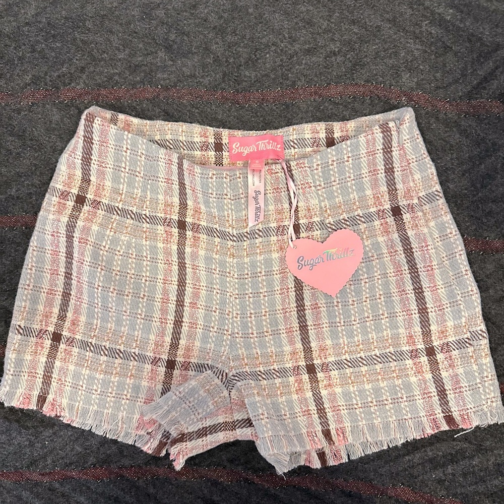 Sugar Thrillz High Waist Plaid Shorts - Pink and Cream